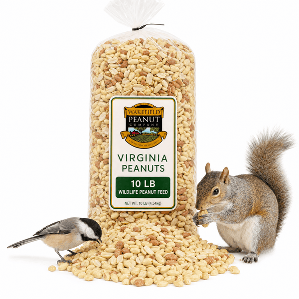 Wakefield 10 lb wildlife feed bag with raw shelled peanuts, chickadee and squirrel