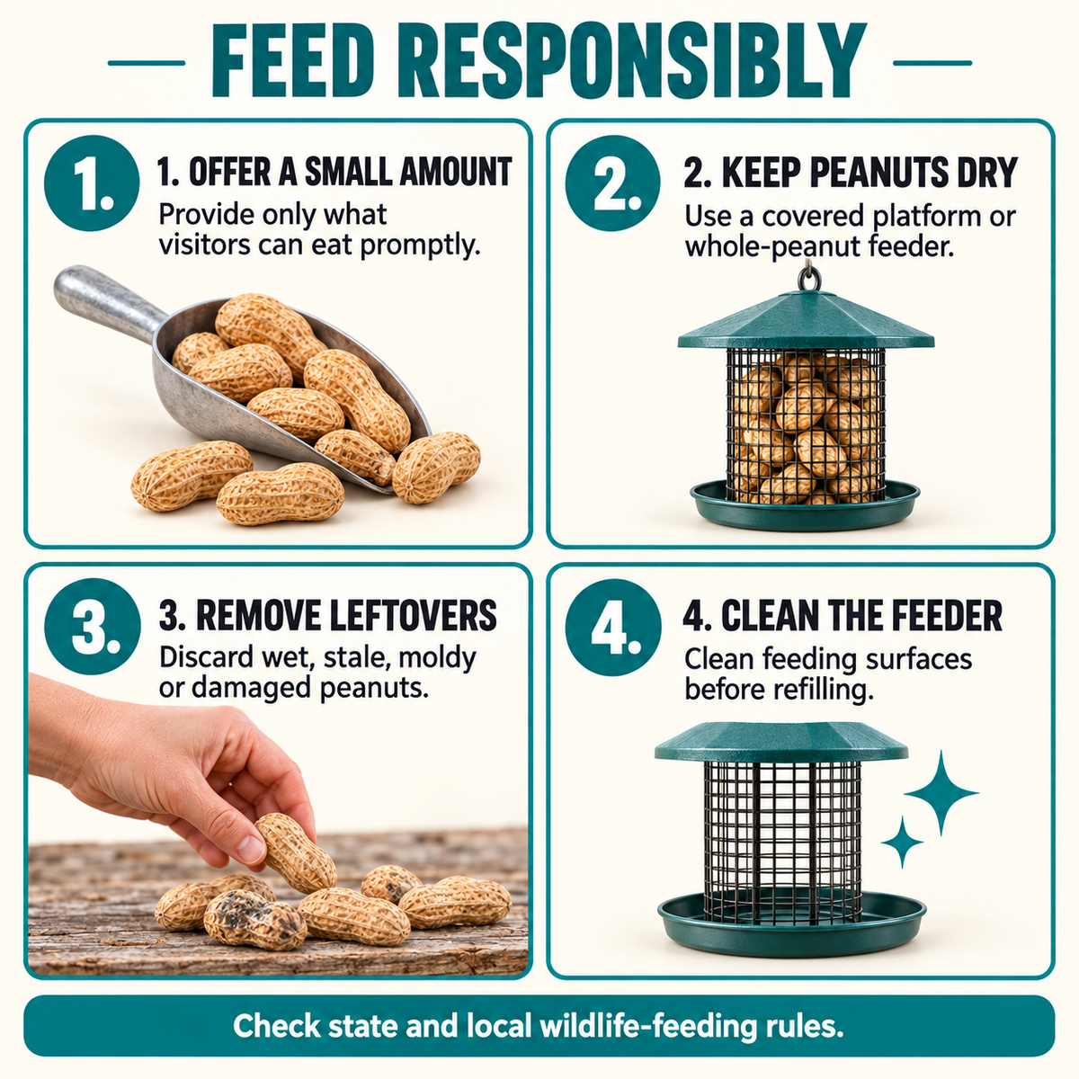 Four-step guide for responsibly feeding raw in-shell peanuts to backyard wildlife
