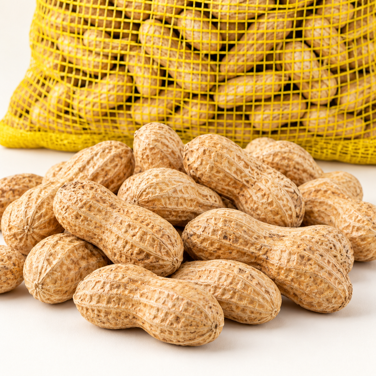 Close-up of extra-large raw in-shell peanuts beside the yellow Wakefield mesh bag