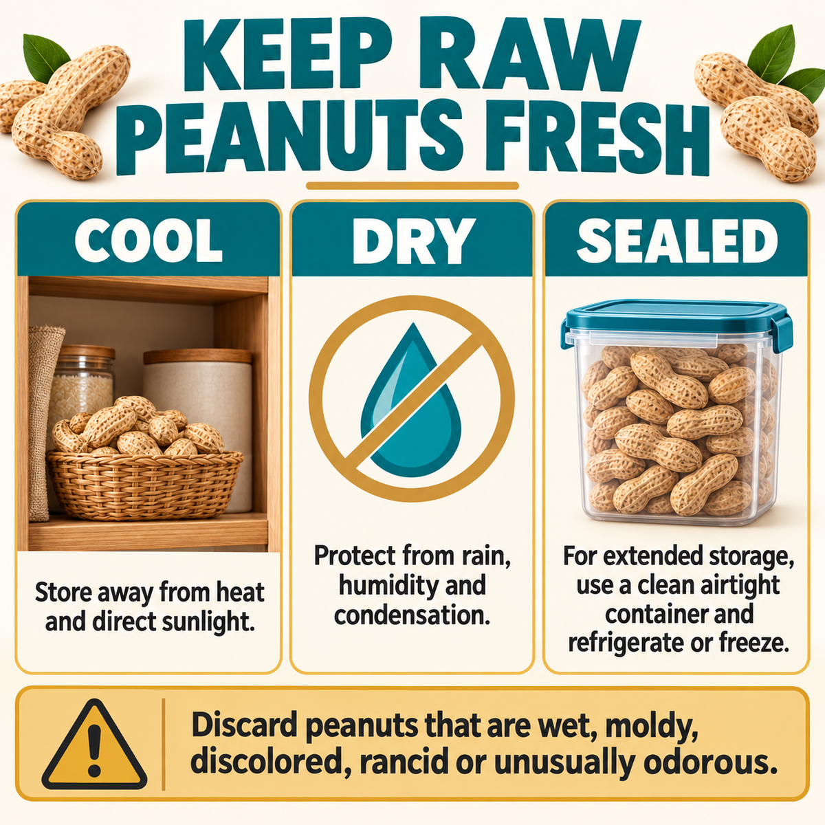 Cool, dry and sealed storage instructions for raw in-shell peanuts