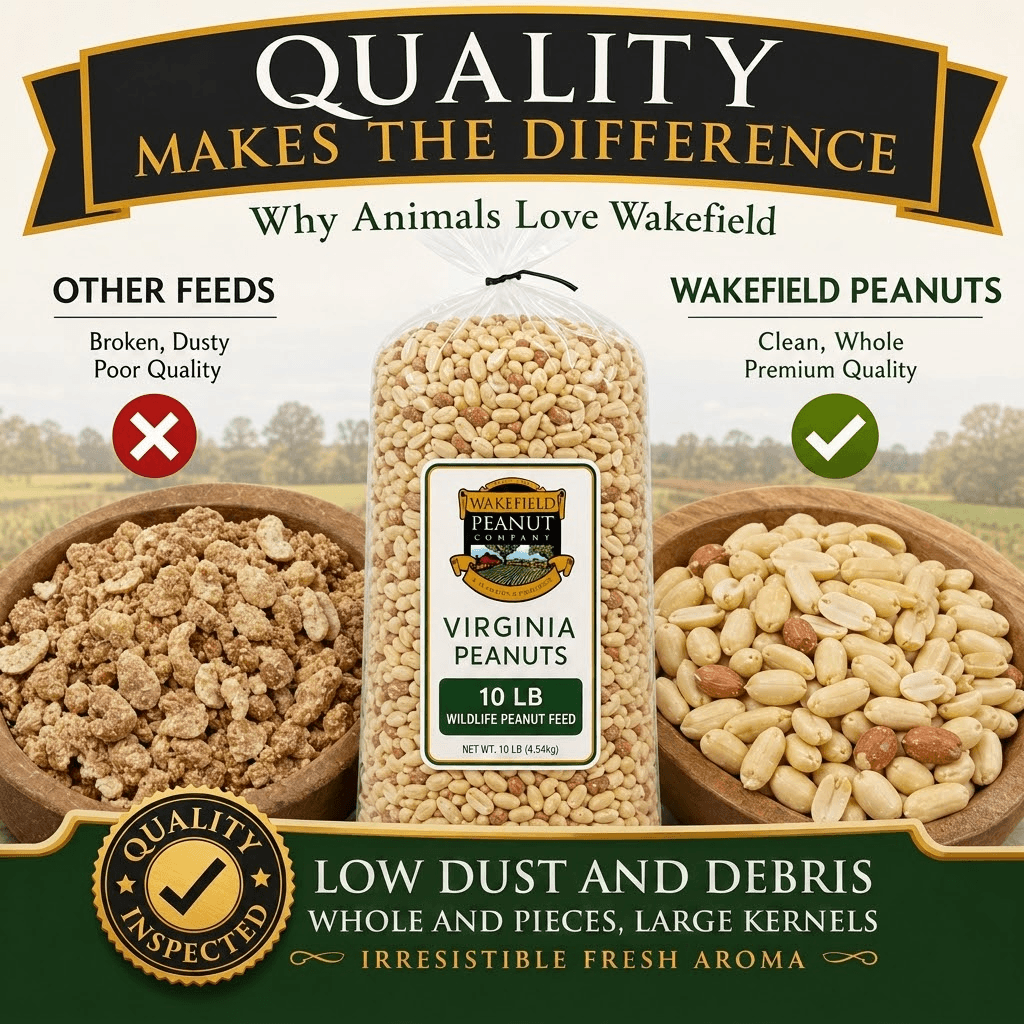 Close-up comparison of Wakefield shelled wildlife peanut kernels and mixed feed pieces