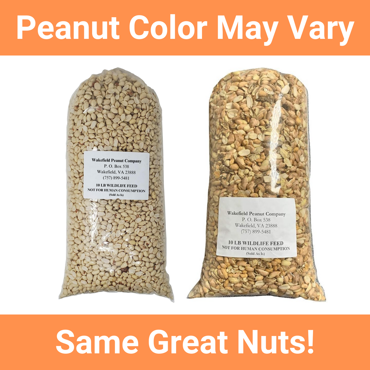 Two Wakefield wildlife peanut bags showing natural differences in raw peanut kernel color