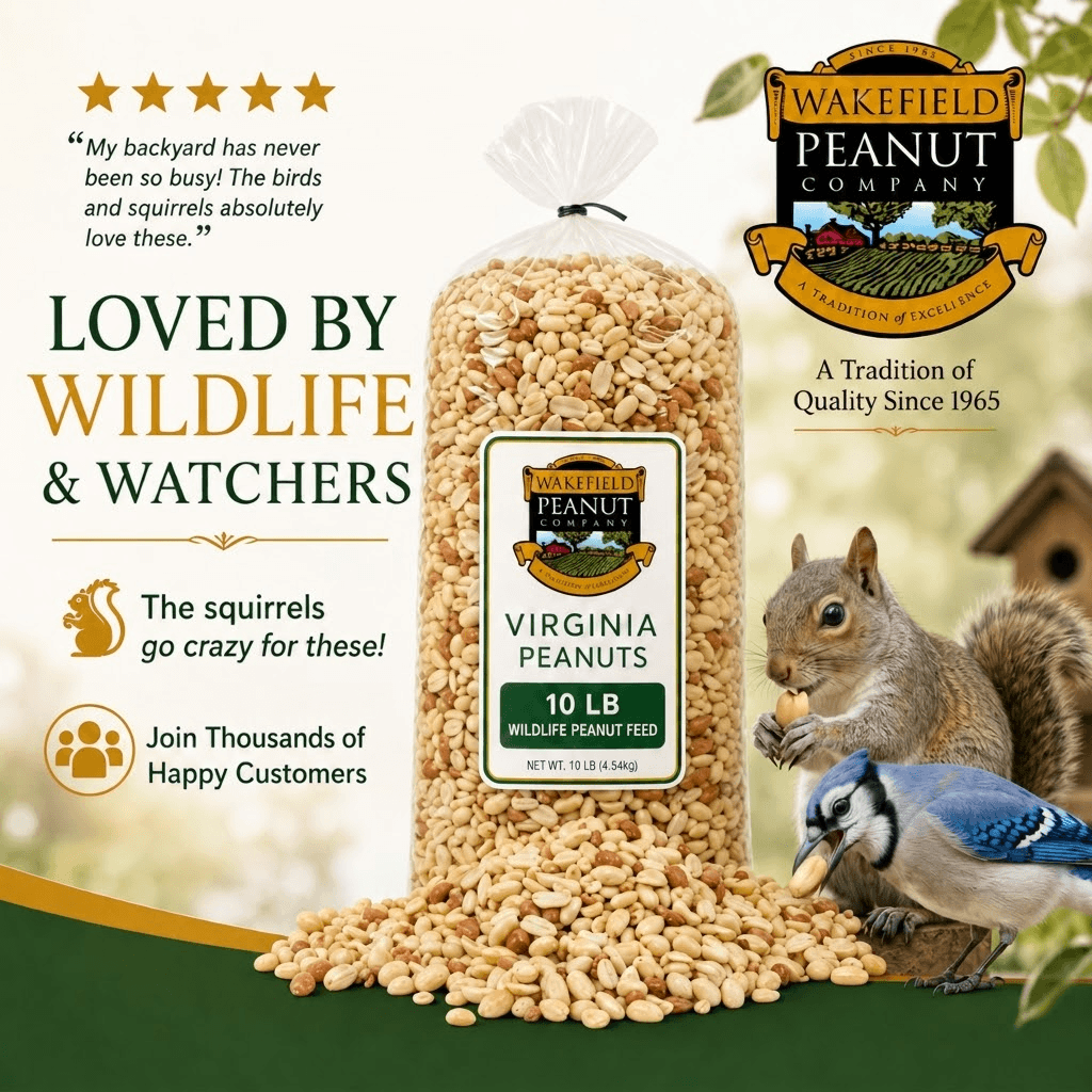 Wakefield wildlife peanut feed shown with a squirrel and Blue Jay in a backyard setting