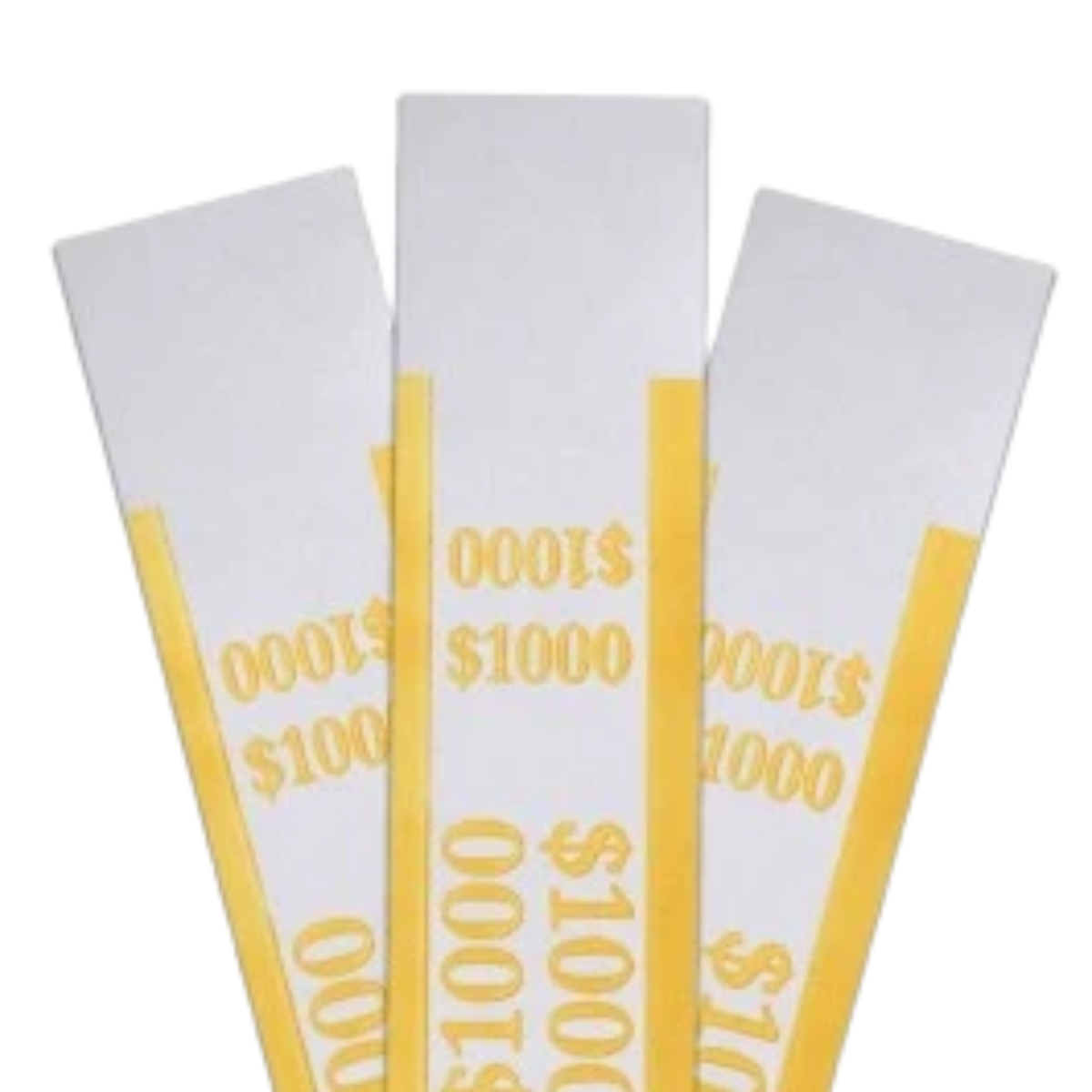 Yellow pre-sealed currency straps for a $1,000 stack of ten-dollar bills
